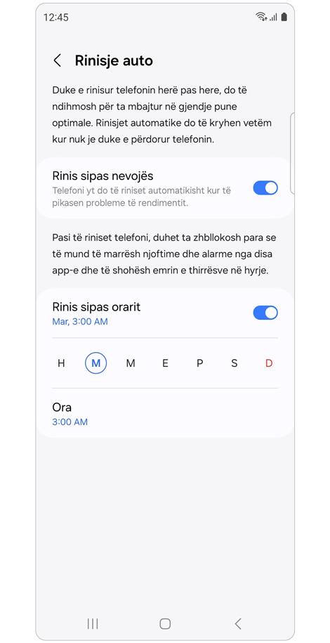 Ekrani i cilësimeve Rinisje auto