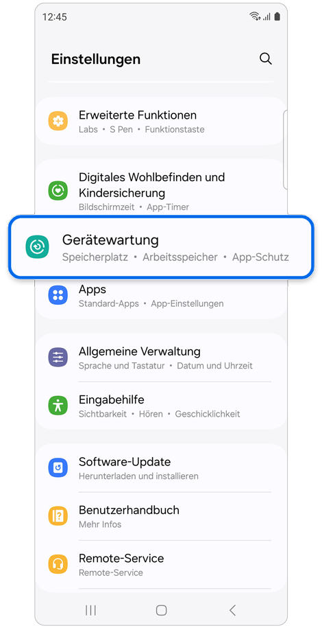 Startbildschirm „Einstellungen“