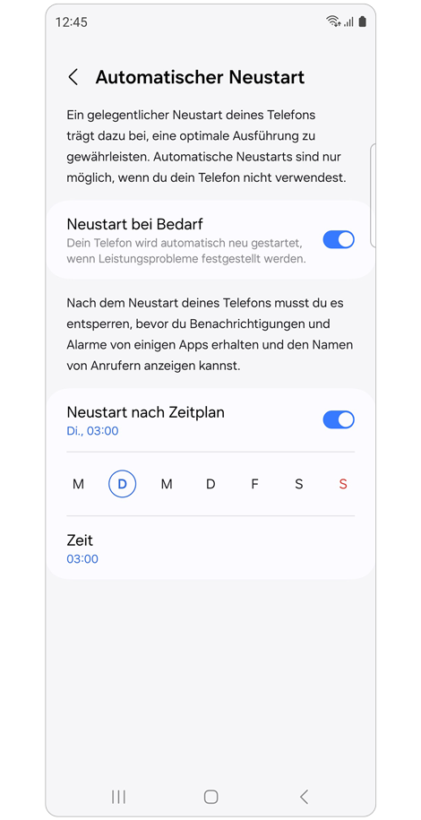 Einstellungen im Bildschirm „Automatischer Neustart“