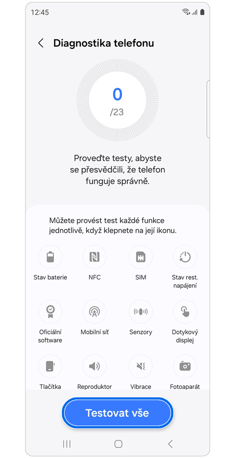 Možnosti funkce Diagnostika telefonu v aplikaci Samsung Members