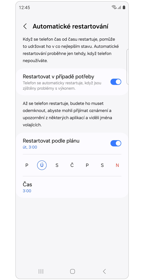 Automatické restartování - obrazovka nastavení