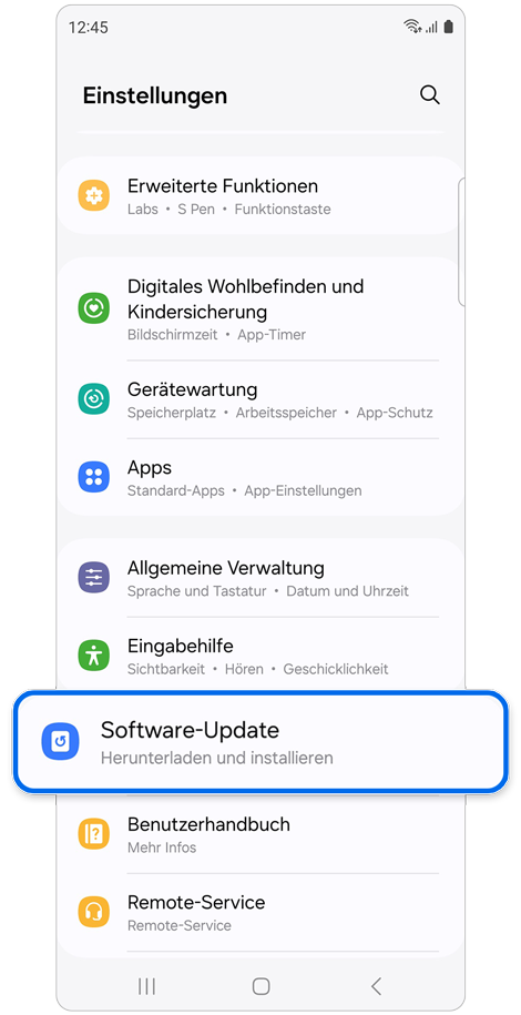 Startbildschirm „Einstellungen“