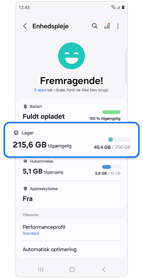 Indstillingsskærm for enhedspleje