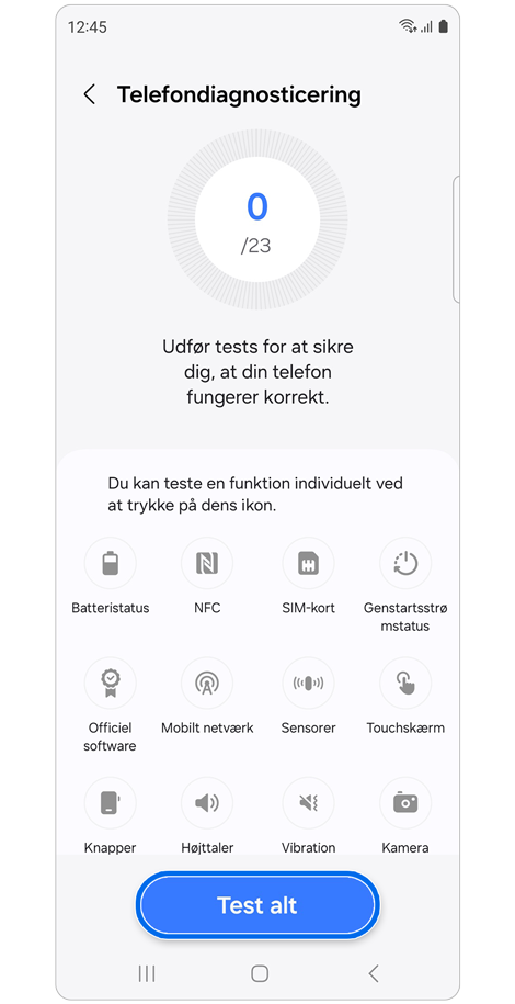 Indstillingen Telefondiagnosticering i Samsung Members-appen