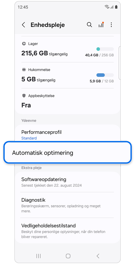 Indstillingsskærm for enhedspleje