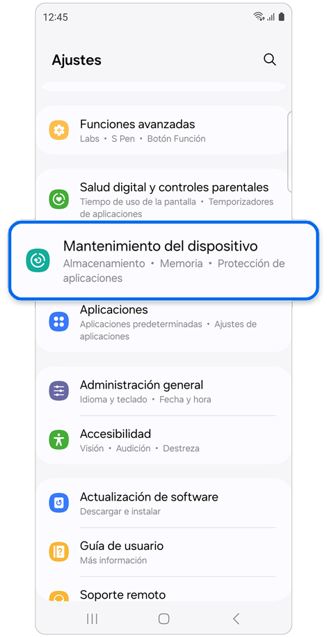 Pantalla de inicio de ajustes.