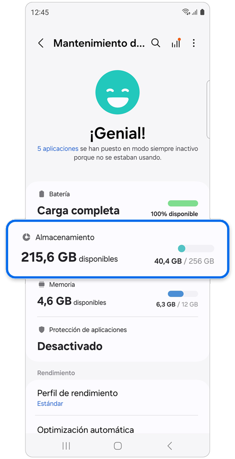 Pantalla de ajustes del mantenimiento del dispositivo