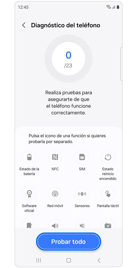 Opciones de diagnóstico del teléfono en la aplicación Samsung Members