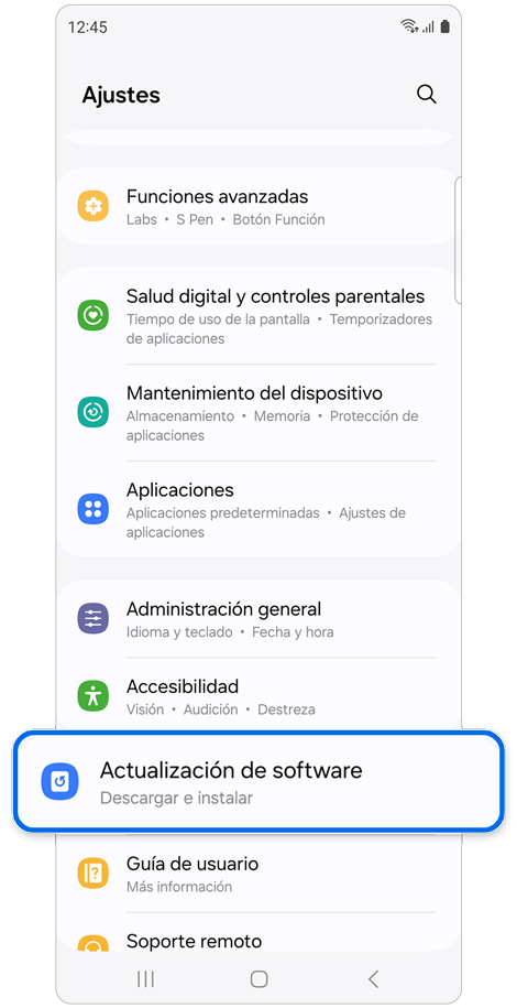 Pantalla de inicio de ajustes.