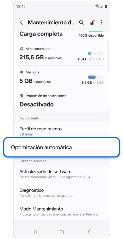 Pantalla de ajustes del mantenimiento del dispositivo