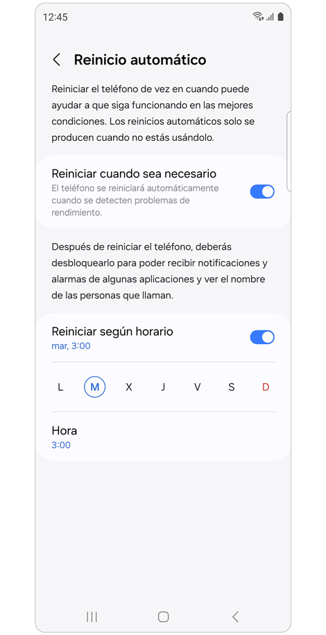 Pantalla de ajustes de reinicio automático