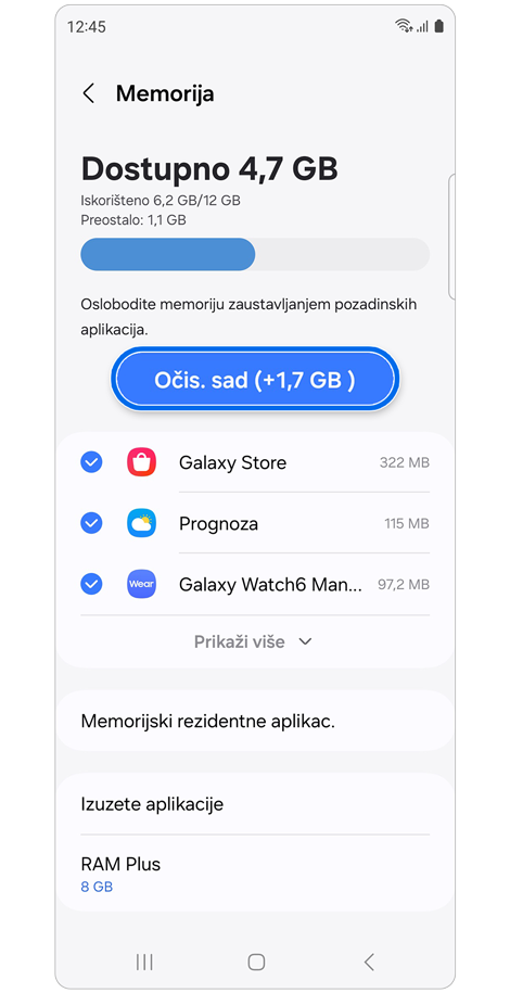 Zaslon za upravljanje memorijom uređaja