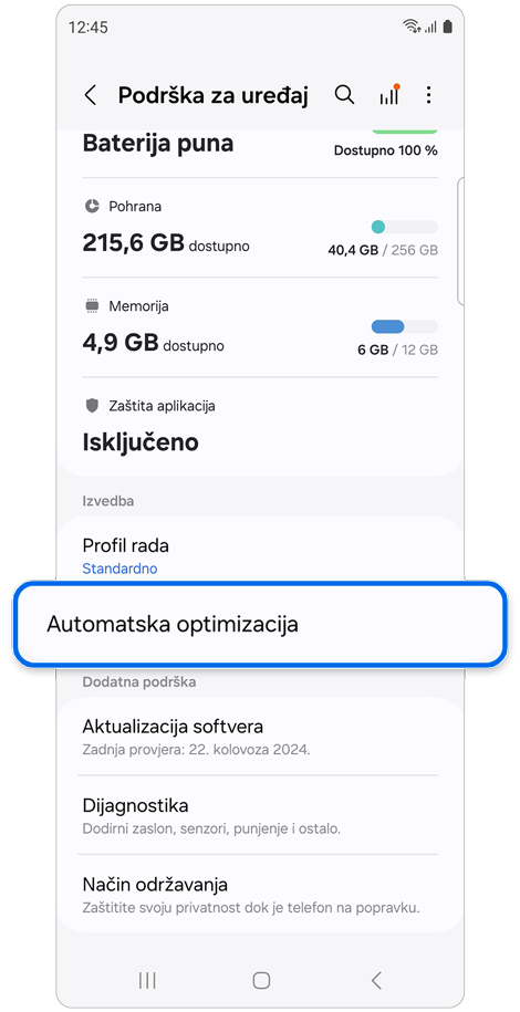 Zaslon za postavke Podrška za uređaj