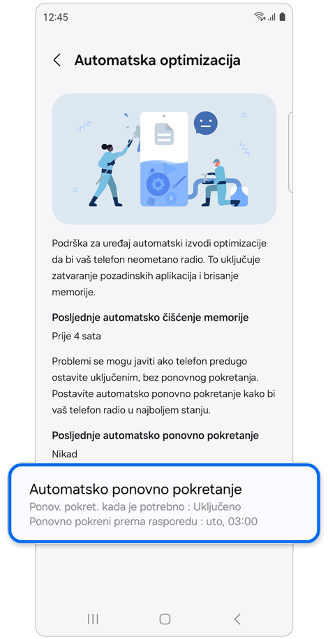 Zaslon za postavke Automatska optimizacija