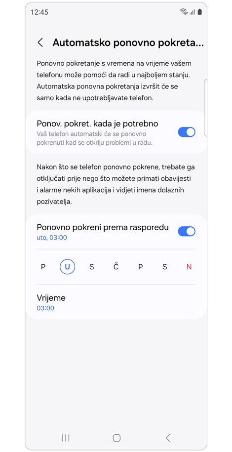 Postavke zaslona za automatsko ponovno pokretanje