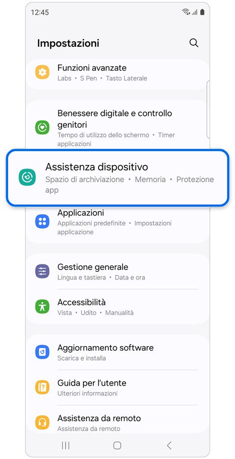 Schermata principale di Impostazioni