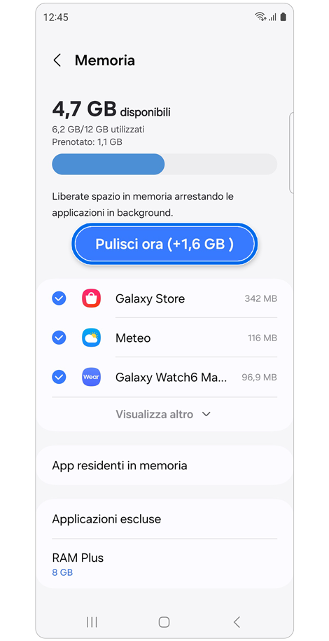 Schermata di gestione memoria del dispositivo