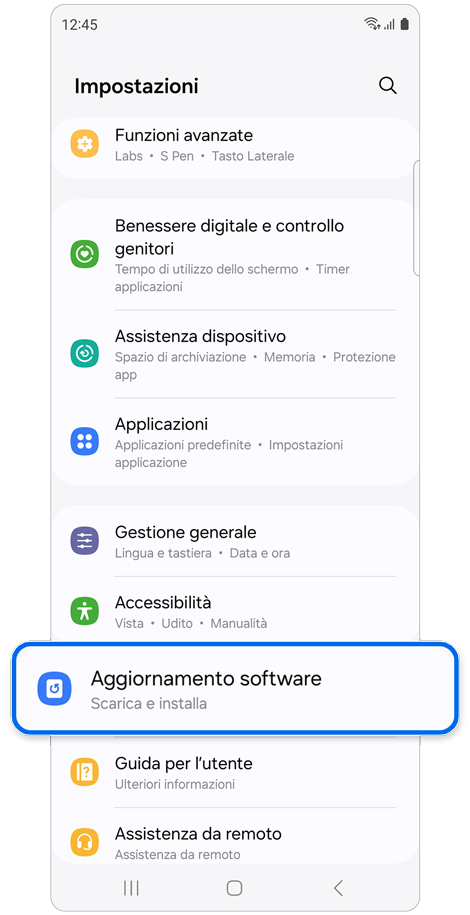 Schermata principale di Impostazioni