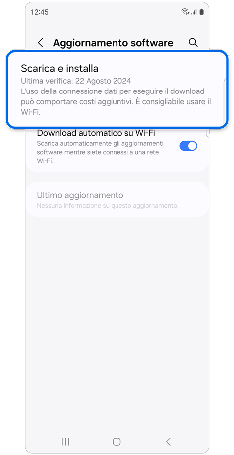 Schermata Aggiornamento software