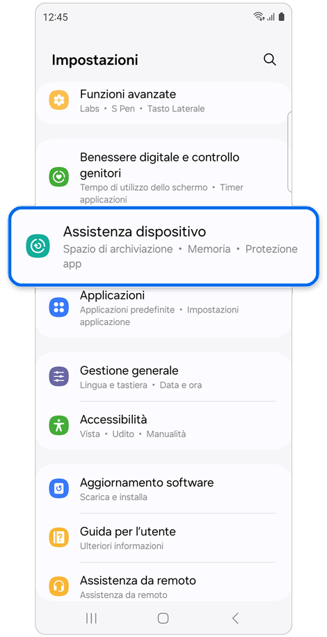 Schermata principale di Impostazioni