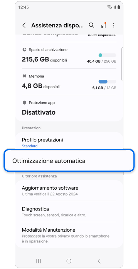 Schermata delle impostazioni di Assistenza dispositivo