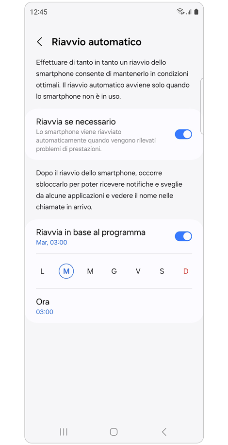 Schermata delle impostazioni di Riavvio automatico