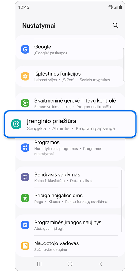Nustatymų pradžios ekranas