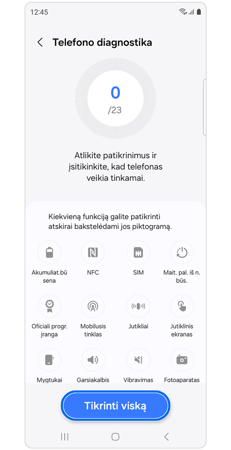 Telefono diagnostikos parinktys programoje „Samsung Members“