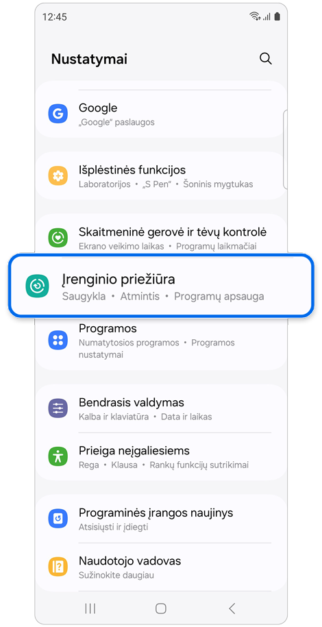Nustatymų pradžios ekranas