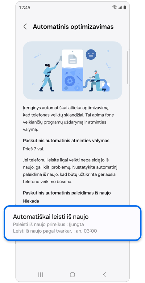 Automatinio optimizavimo nustatymų ekranas