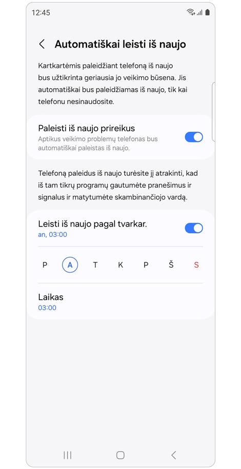 Funkcijos „Automatiškai leisti iš naujo“ nustatymų ekranas