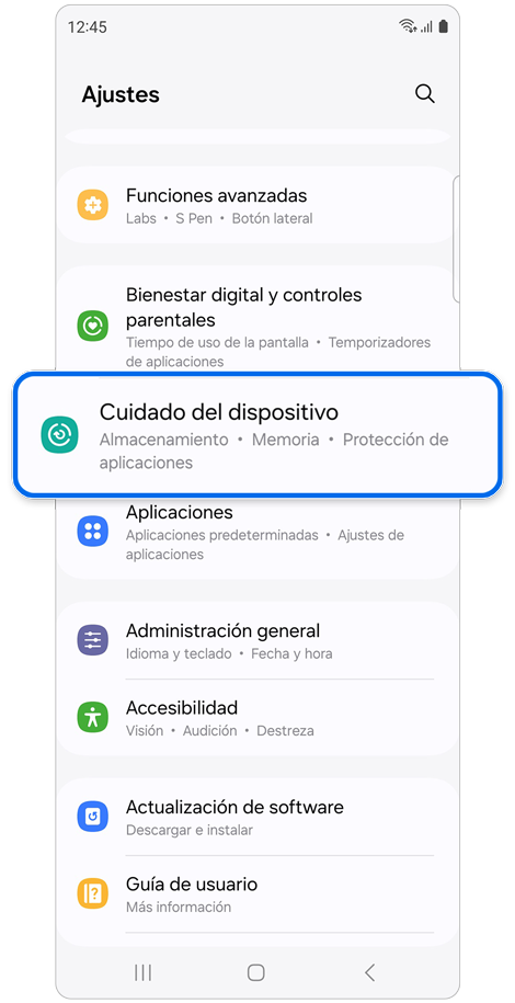 Pantalla de inicio de ajustes.