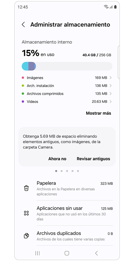 Pantalla de gestión de almacenamiento del dispositivo