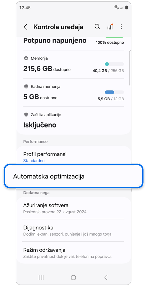 Ekran za podešavanje Kontrola uređaja