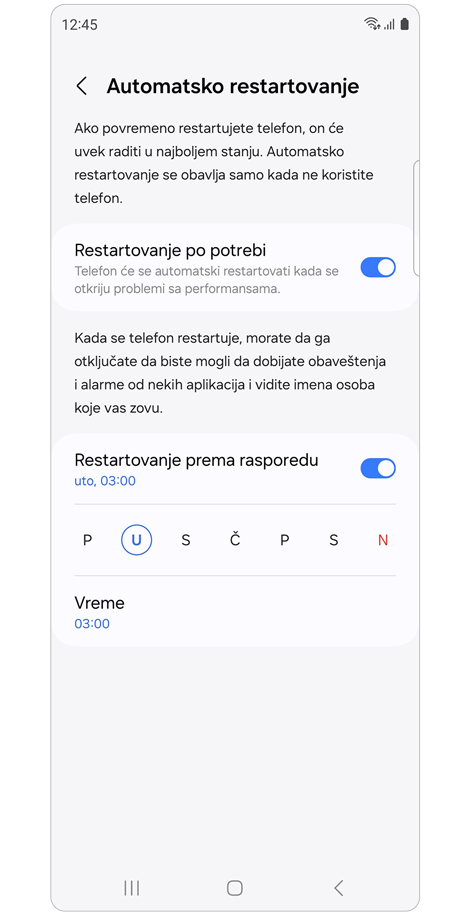 Ekran za podešavanje automatskog restartovanje