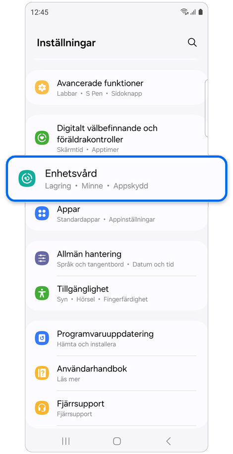 Startskärm för Inställningar