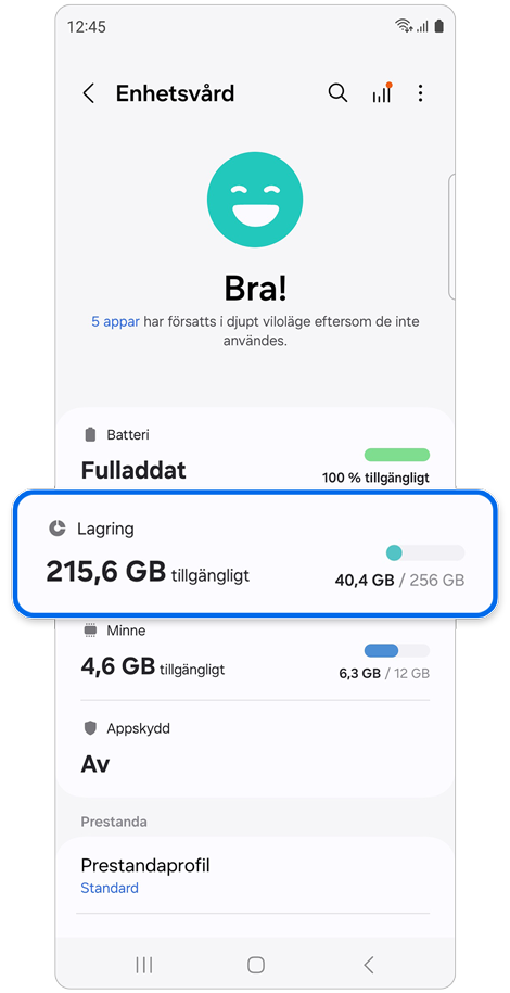 Inställningsskärm för Enhetsvård