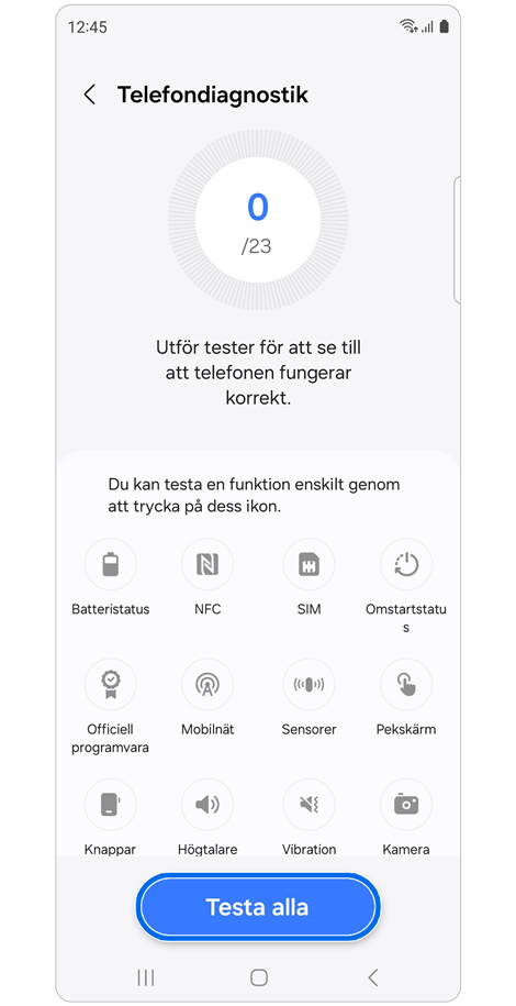 Alternativ för telefondiagnostik i Samsung Members-appen