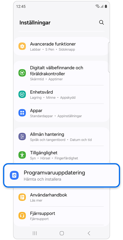 Startskärm för Inställningar