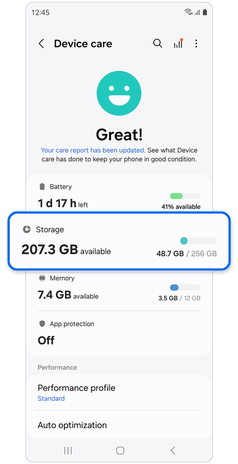 Device care setting screen