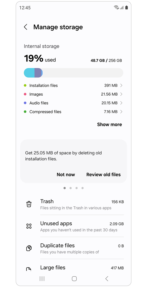Device storage management screen