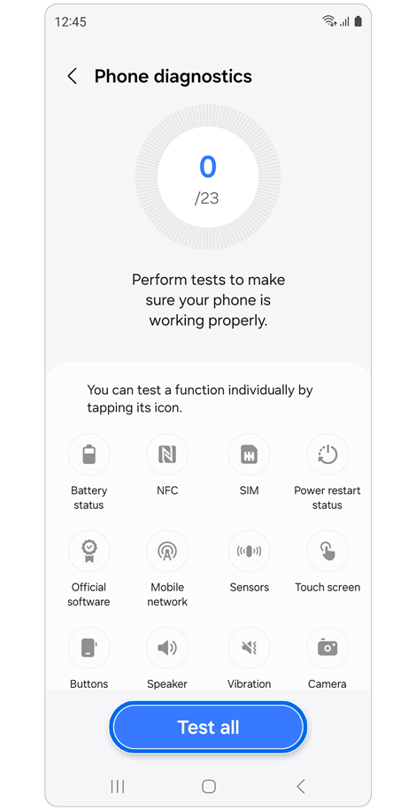 Phone diagnostics options in the Samsung Members app