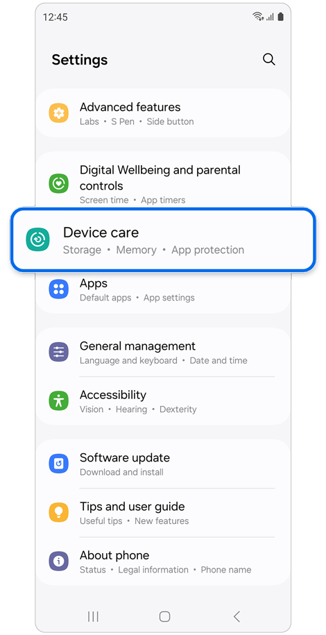 Settings home screen