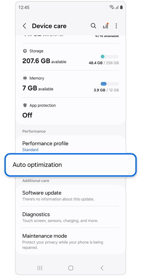 Device care setting screen