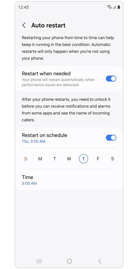 Auto restart setting screen