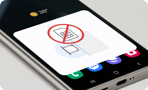 Un dispositivo Galaxy mostrando una alerta de que no se detecta ninguna tarjeta SIM.