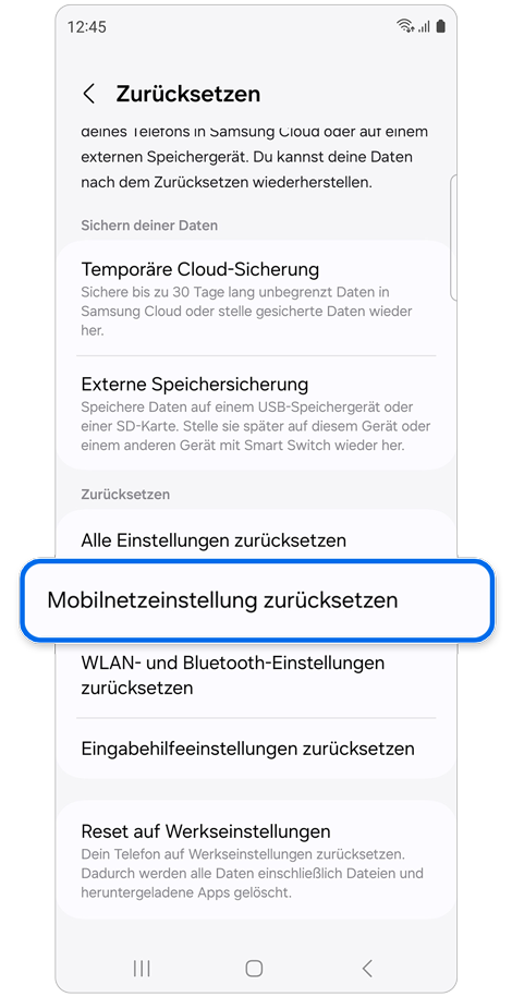 Bildschirm mit Optionen zum Zurücksetzen