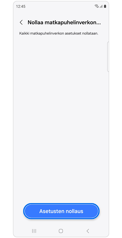 Nollaa matkapuhelinverkon asetukset -näyttö.