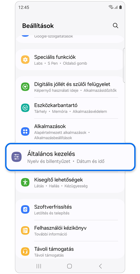 Beállítások kezdőképernyő.