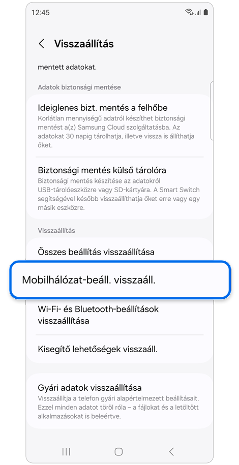 A Visszaállítás képernyő beállításai